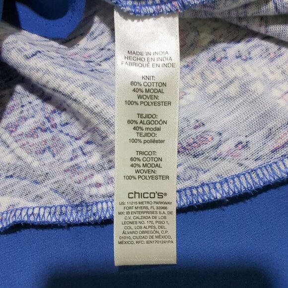 Chico's Blue Paisley Print V-Neck with sheer Chiffon hem Tunic Chico's 2 Sz 12‎ - Picture 7 of 14